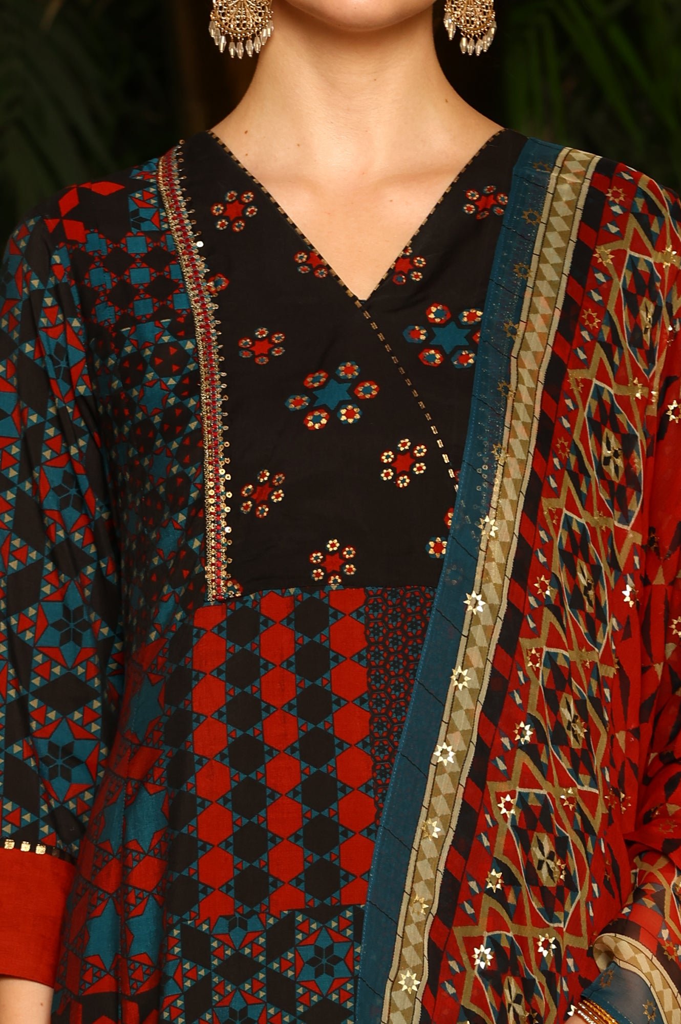 Black Multi-Coloured Patch Printed Metallic Embroidered A-Line Kurta, Pants And Dupatta Set - Image 4