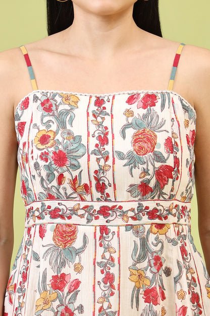 Off-White Vibrant Floral Printed Pure Cotton Flared Spaghetti Dress - Image 5