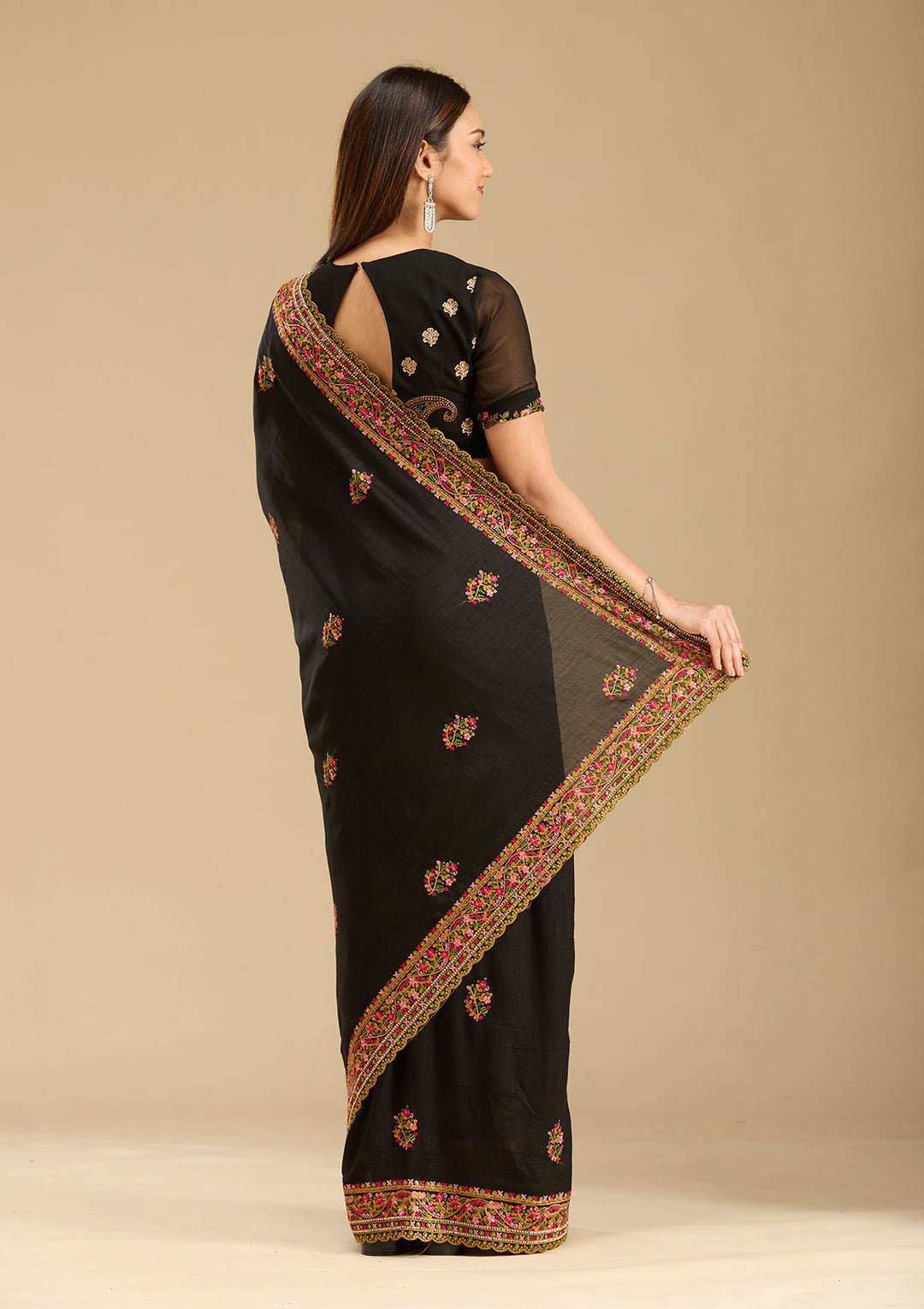 Black Kashmiri Soft Raw Silk Saree - Image 6